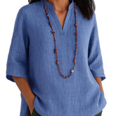 Summer Women's Clothing V-neck 34 Sleeves Cotton And Linen Loose Casual Shirt - kinko